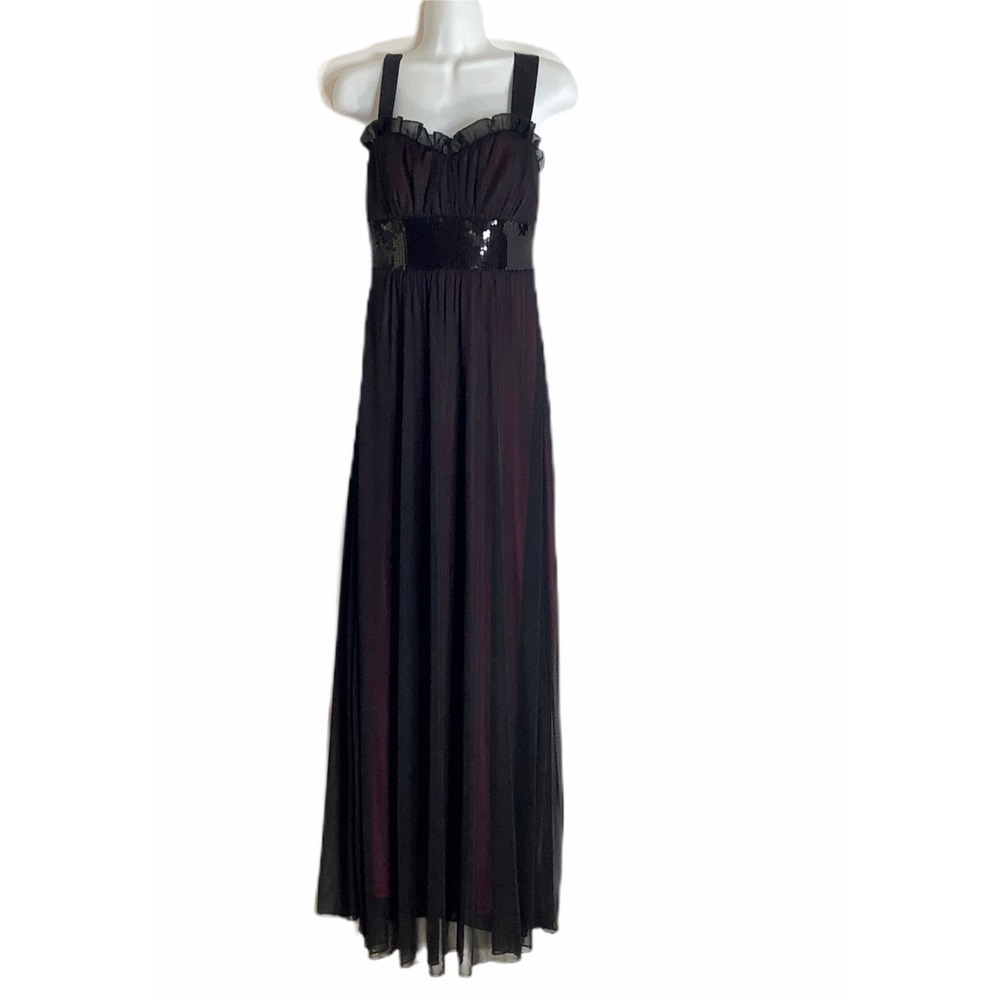 Trixxi Women's Maxi Dress Black Fuchsia Sheer Sequins Ties size S Ruched 2 Layer